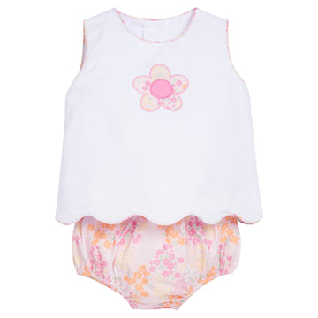 Little English traditional children's clothing.  White scallop top with floral print flower applique and paired with orange and pink floral diaper cover.  Fun top and diaper cover set for baby girls for Spring.