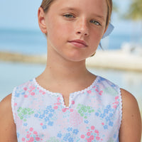 Little English traditional children's clothing, girl's sleeveless dress for spring in purple floral print, Wingate floral