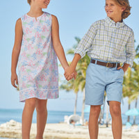 Little English classic children's clothing, boy's traditional short with zipper and belt loops in light blue twill for spring