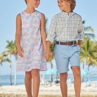 Little English classic children's clothing, boy's traditional short with zipper and belt loops in light blue twill for spring