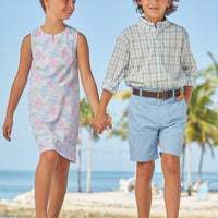 Little English classic children's clothing, boy's traditional short with zipper and belt loops in light blue twill for spring