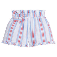 Little English traditional children's clothing. Red, white and blue striped seersucker shorts for girls for Summer. 4th of July shorts for girls