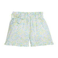 Little English traditional children's clothing. Paperbag bow short with ruffled hem and off-center fixed bow in multi-colored floral print for girls