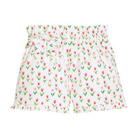 Little English traditional children's clothing. Pink and red tulip short for girls with elastic waist, fixed bow, and ruffled hem