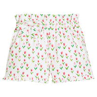 Little English traditional children's clothing. Pink and red tulip short for girls with elastic waist, fixed bow, and ruffled hem