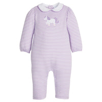 Little English classic children's clothing, lavender and white striped knit romper with white peetr pan collar and applique unicorn on chest for baby girls