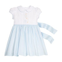 Little English Classic peter pan dress with blue bunny and carrot motif on chest, bow in back, for little girl