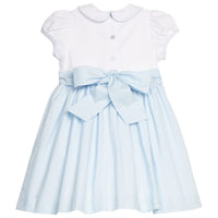 Little English Classic peter pan dress with blue bunny and carrot motif on chest, bow in back, for little girl