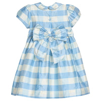 Little English X Luciana Emilia capsule collection bow sash in 100% silk blue check. Special occasion dress accessory for girls paired with matching peter pan formal dress