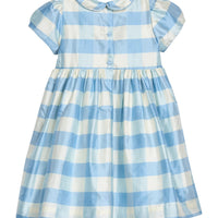 Little English X Luciana Emilia Capsule Collection special occasion dress for little girls. Formal dress in 100% silk blue check with peter pan collar and capped sleeves