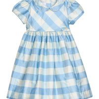 Little English X Luciana Emilia Capsule Collection special occasion dress for little girls. Formal dress in 100% silk blue check with peter pan collar and capped sleeves
