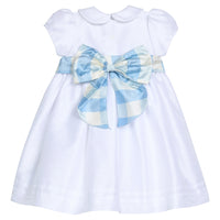 Little English X Luciana Emilia capsule collection bow sash in 100% silk blue check. Special occasion dress accessory for girls paired with white peter pan formal dress