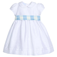 Little English X Luciana Emilia capsule collection bow sash in 100% silk blue check. Special occasion dress accessory for girls paired with white peter pan formal dress
