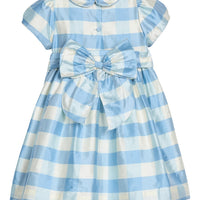 Little English X Luciana Emilia Capsule Collection special occasion dress for little girls. Formal dress in 100% silk blue check with peter pan collar and capped sleeves