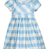 Little English X Luciana Emilia Capsule Collection special occasion dress for little girls. Formal dress in 100% silk blue check with peter pan collar and capped sleeves