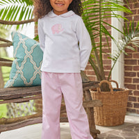 Little English classic childrens clothing toddler girl light pink pant set with applique elephant on shirt with peter pan collar