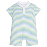 Little English classic twill peter pan polo romper in green, blue, and white stripe, snaps at stride, for little boy