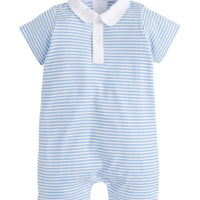 Little English baby boy's peter pan polo romper with light blue stripes, soft knit romper for baby