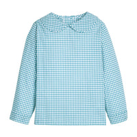 Little English traditional children's clothing. Classic long sleeve peter pan shirt in blue Alpine Gingham for toddler boys