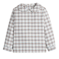 little english classic children's clothing, peter pan collar long sleeve shirt in light blue, cream, and brown plaid for boys for fall