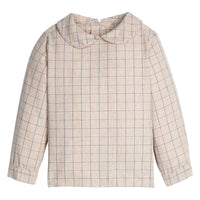 Little English traditional children's clothing. Tan and blue Durham Windowpane peter pan shirt for toddler boys
