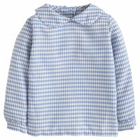 Little English traditional children's clothing. Gray blue and white gingham peter pan shirt for boys for Fall
