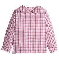 Little English classic shirt for little boys. Red, white, & light blue plaid peter pan shirt for Fall. Back to school outfit.