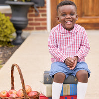 Little English classic children's clothing. Peter pan shirt for little boys in Red, white, & light blue hartford plaid, banded short in stormy blue corduroy, outfit for fall and back to school