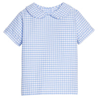 Little English traditional children's clothing. Classic peter pan short sleeve shirt in blue and white gingham for toddler boys.