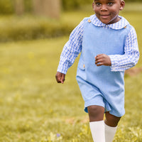 Little English classic peter pan shirt for little boys. Blue and white woodberry plaid shirt with peter pan collar, vintage button tab john john in alaskan flannel for Fall