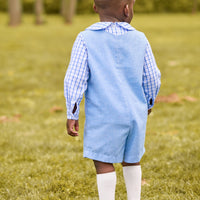 Little English classic peter pan shirt for little boys. Blue and white woodberry plaid shirt with peter pan collar, vintage button tab john john in alaskan flannel for Fall