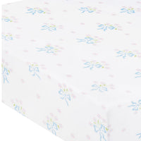 little english classic children's clothing girls pima crib sheet with white background and blue bows with pink floral bouquet all over print
