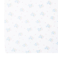 little english classic children's clothing girls pima crib sheet with white background and blue bows with pink floral bouquet all over print