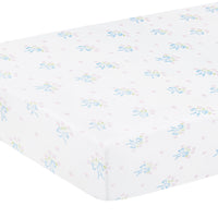 little english classic children's clothing girls pima crib sheet with white background and blue bows with pink floral bouquet all over print