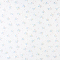 little english classic children's clothing girls pima crib sheet with white background and blue bows with pink floral bouquet all over print