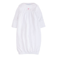 Little English traditional baby gift, white pima cotton long sleeve newborn gown with pink bow embroidered at the center of the chest for baby girl