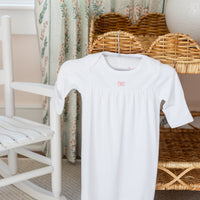 Little English traditional baby gift, white pima cotton long sleeve newborn gown with pink bow embroidered at the center of the chest for baby girl