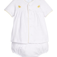 Little English classic pinpoint layette set with bee motifs on chest and back of diaper cover, yellow picot trim, for baby