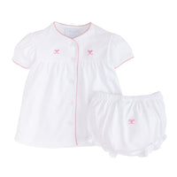 Little English classic and traditional baby clothing, white pima cotton two piece set with light pink picot trim and pink bow embroidery