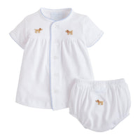 Little English classic children's clothing, white knit set with light blue picot trim and lab embroidery for baby boy. Classic gift set for baby