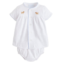 Little English classic children's clothing, white knit set with light blue picot trim and lab embroidery for baby boy. Classic gift set for baby