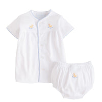 Little English traditional unisex baby clothing. Classic white pima cotton set with yellow duck embroidery and blue picot trim for babies. Gift set for baby