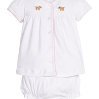 Little English traditional children's clothing. Girl lab applique white knit set with short sleeve top and diaper cover for baby girls with light pink trim