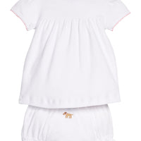 Little English traditional children's clothing. Girl lab applique white knit set with short sleeve top and diaper cover for baby girls with light pink trim
