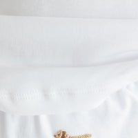 Little English traditional children's clothing. Girl lab applique white knit set with short sleeve top and diaper cover for baby girls with light pink trim