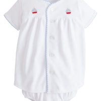 Little English traditional baby clothing. Classic white pima cotton set with blue and red sailboat embroidery and light blue picot trim for baby boy