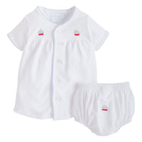 Little English traditional baby clothing. Classic white pima cotton set with blue and red sailboat embroidery and light blue picot trim for baby boy