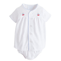 Little English traditional baby clothing. Classic white pima cotton set with blue and red sailboat embroidery and light blue picot trim for baby boy