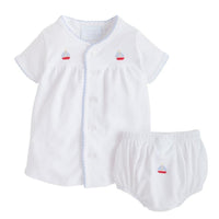 Little English traditional baby clothing. Classic white pima cotton set with blue and red sailboat embroidery and light blue picot trim for baby boy