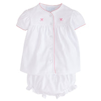 Little English classic and traditional baby clothing, white pima cotton two piece set with light pink picot trim and pink bow embroidery